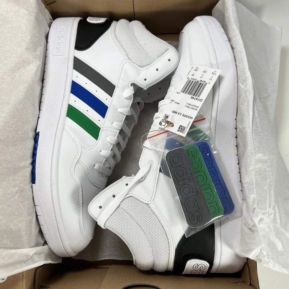 NEW adidas Men's 11.5 Hoops 3.0 Mid Basketball Shoe White/Green/Team Royal Blue - Picture 3 of 16